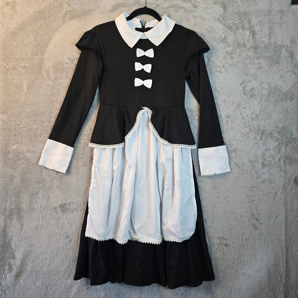 Girls Black White Maid Costume Dress Victorian Cosplay Long Sleeve Size 11-12Y